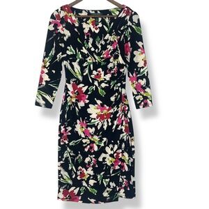 Lauren Ralph Lauren 2 Dress Floral Ruch Faux Wrap Black Pink Wedding Guest Event